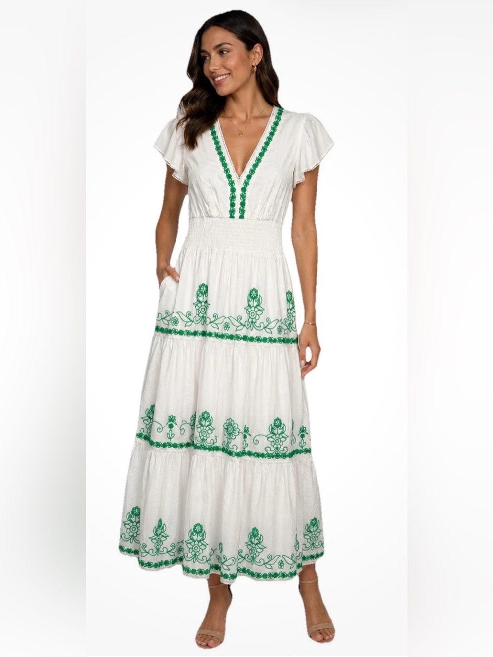 Adrianna Papell White Maxi Dress with Green Embroidery